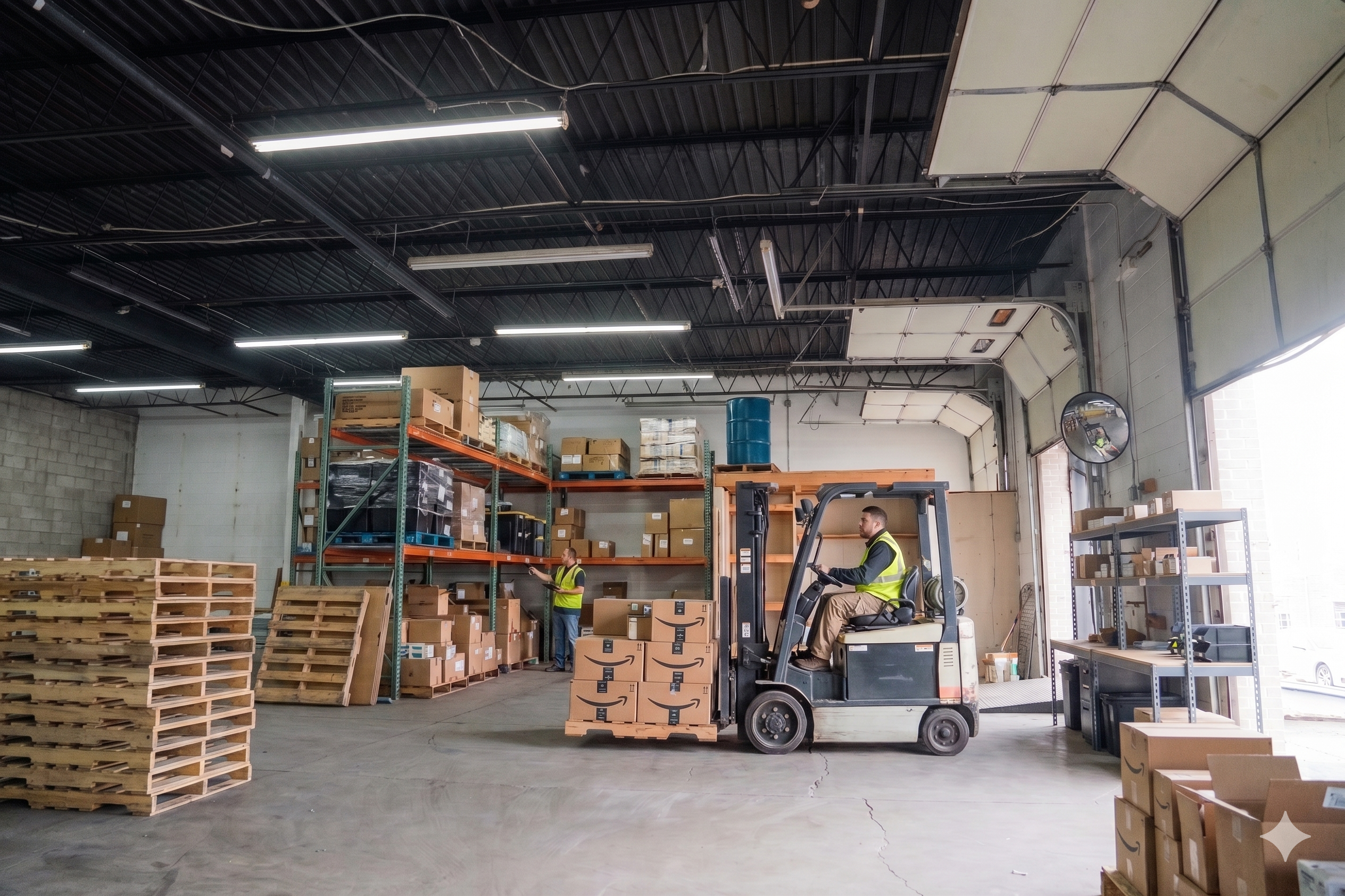 Small-bay industrial warehouse interior with forklift, pallet racking, and tenant operations, Denver metro