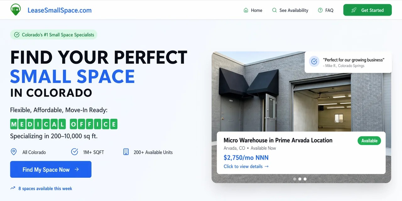 LeaseSmallSpace.com homepage — Find your perfect small space in Colorado